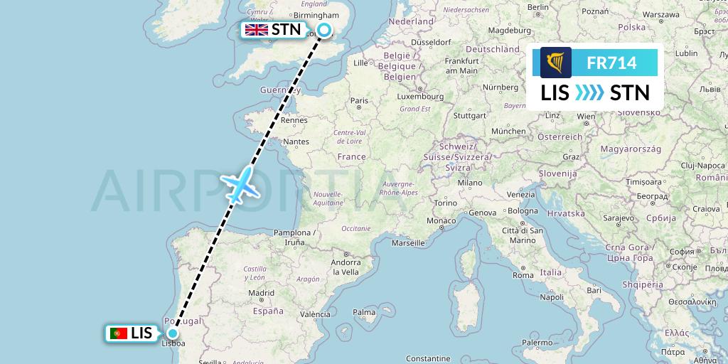 FR714 Ryanair Flight Map: Lisbon to London