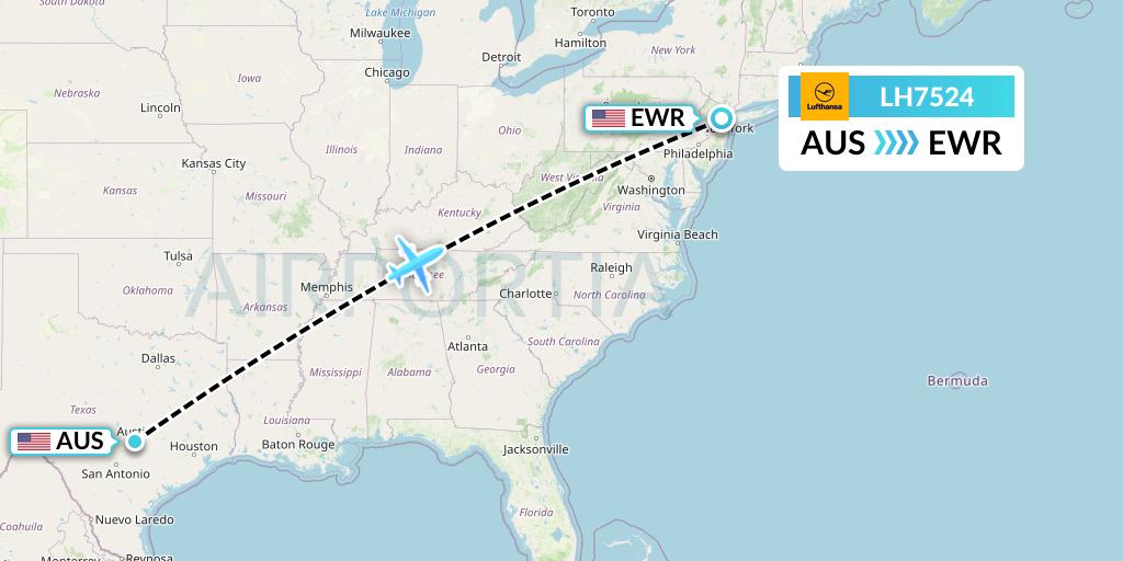 LH7524 Lufthansa Flight Map: Austin to New York