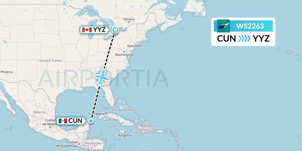 WS2263 WestJet Flight Map: Cancun to Toronto