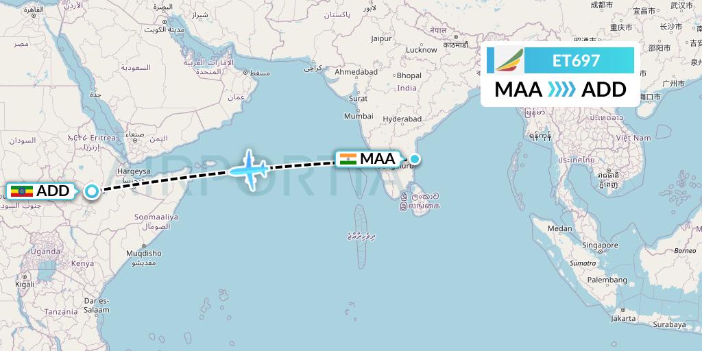 ET697 Ethiopian Airlines Flight Map: Chennai to Addis Ababa