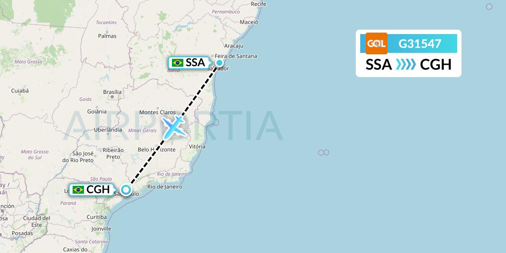 G31547 GOL Transportes Aeros Flight Map: Salvador to Sao Paulo