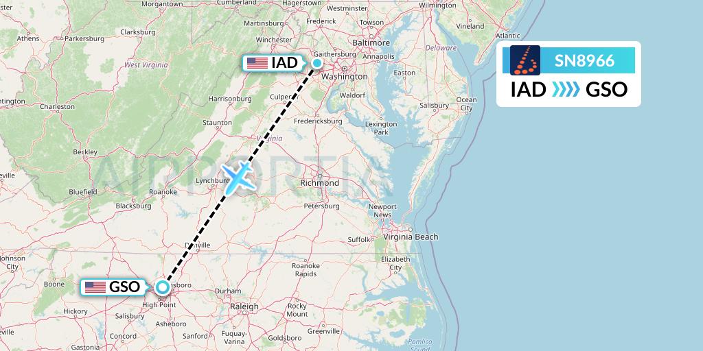 SN8966 Brussels Airlines Flight Map: Washington to Greensboro