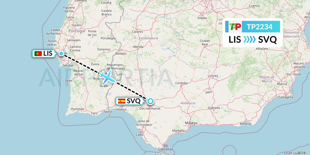 TP2234 TAP Portugal Flight Map: Lisbon to Seville