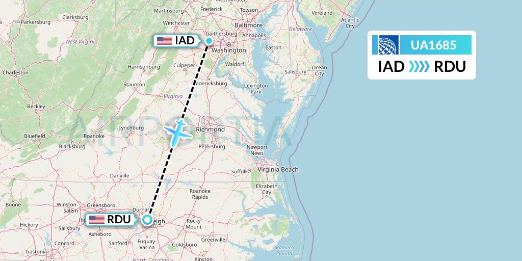 UA1685 United Airlines Flight Map: Washington to Raleigh-Durham