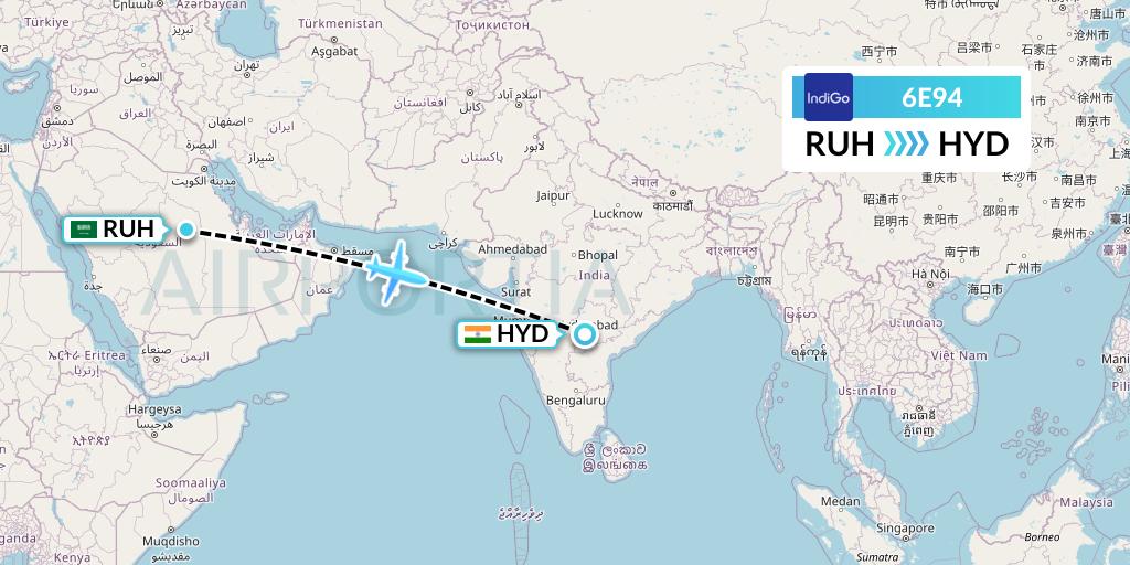 6E94 IndiGo Airlines Flight Map: Riyadh to Hyderabad