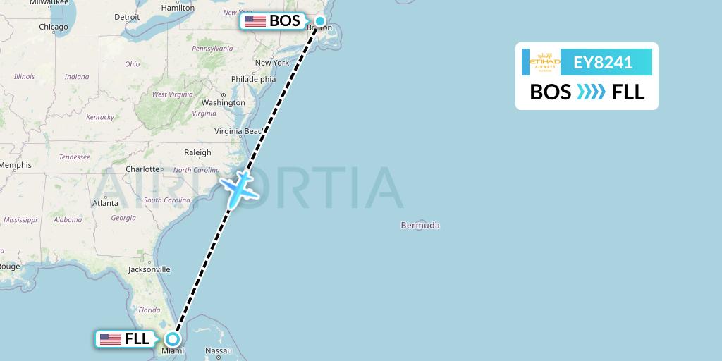 EY8241 Etihad Airways Flight Map: Boston to Fort Lauderdale
