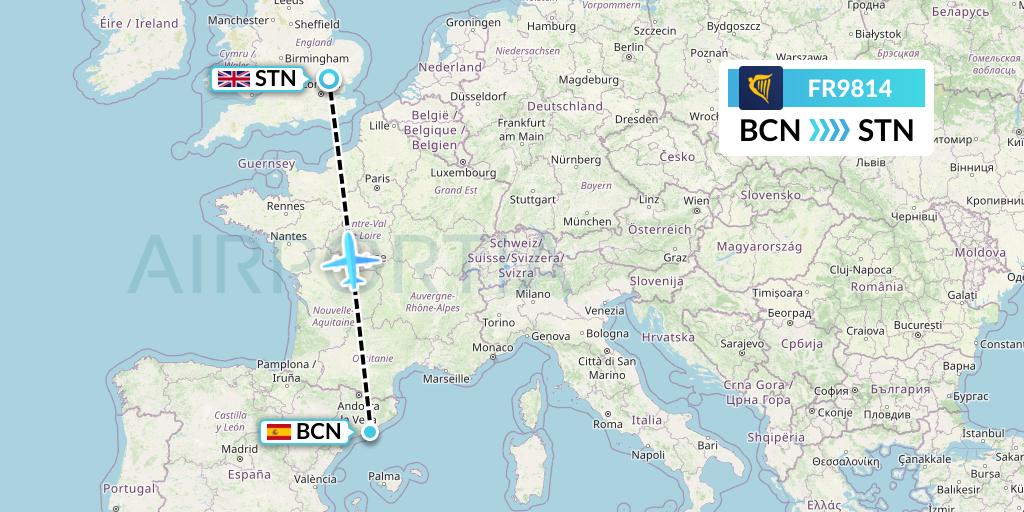 FR9814 Ryanair Flight Map: Barcelona to London