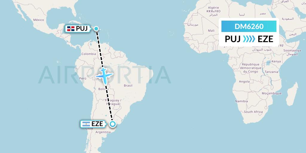 DM6260 Arajet Flight Map: Punta Cana to Buenos Aires