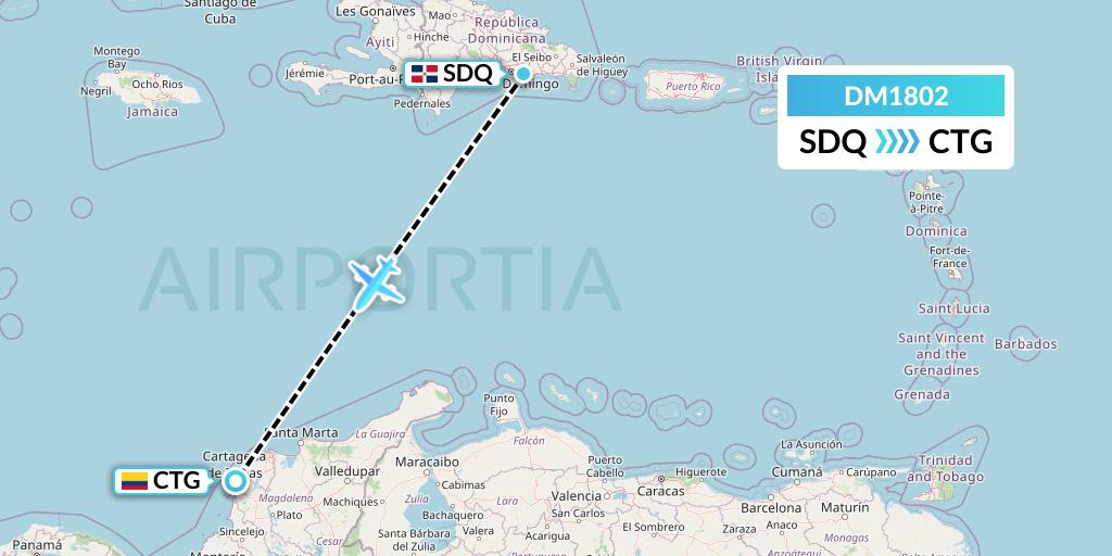 DM1802 Arajet Flight Map: Santo Domingo to Cartagena
