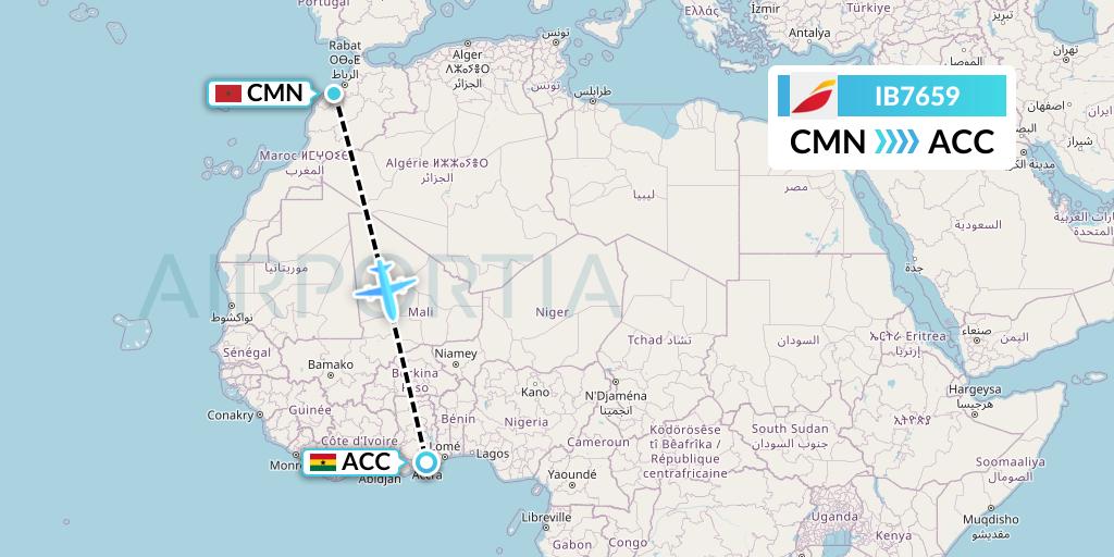 IB7659 Iberia Flight Map: Casablanca to Accra