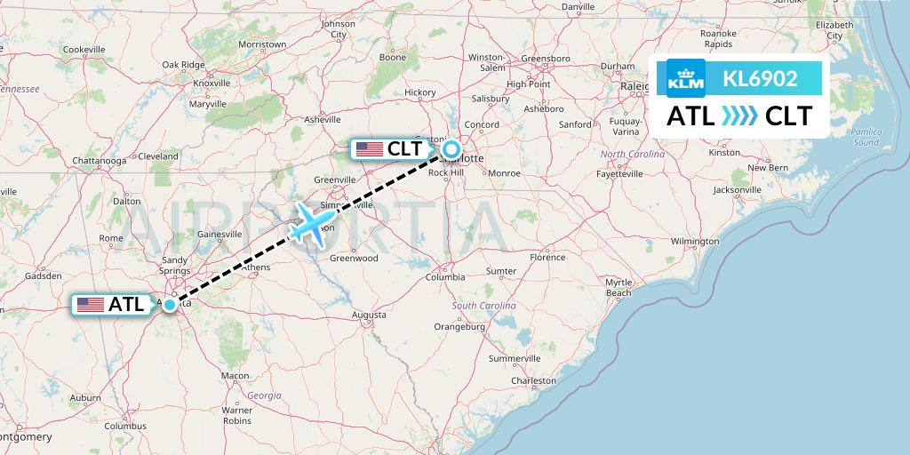 KL6902 KLM Flight Map: Atlanta to Charlotte