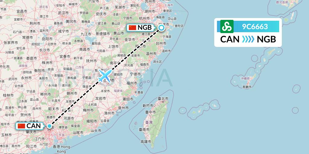 9C6663 Spring Airlines Flight Map: Guangzhou to Ningbo
