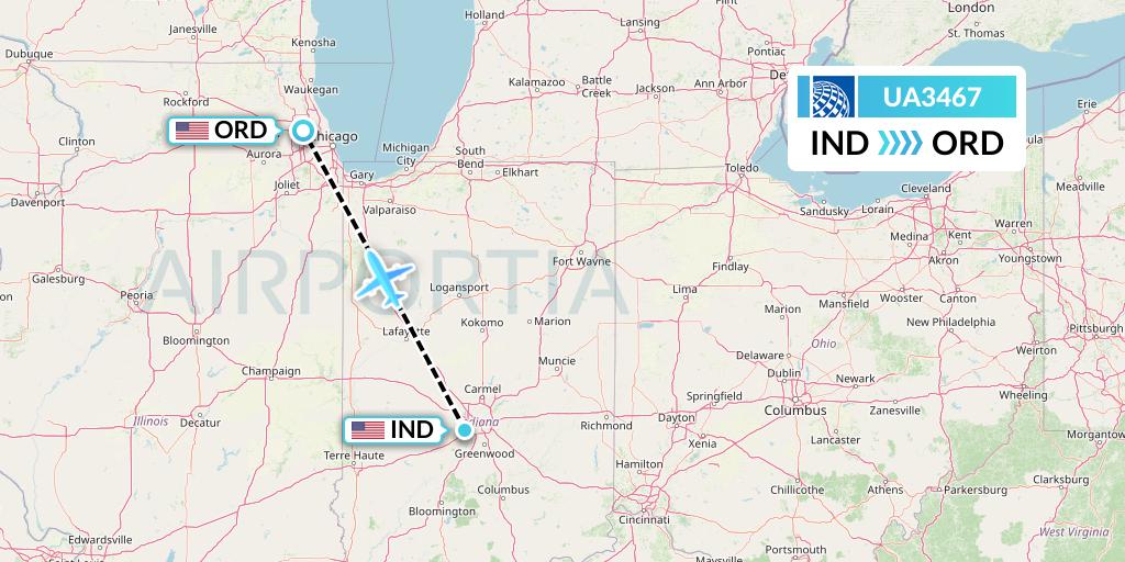 UA3467 United Airlines Flight Map: Indianapolis to Chicago