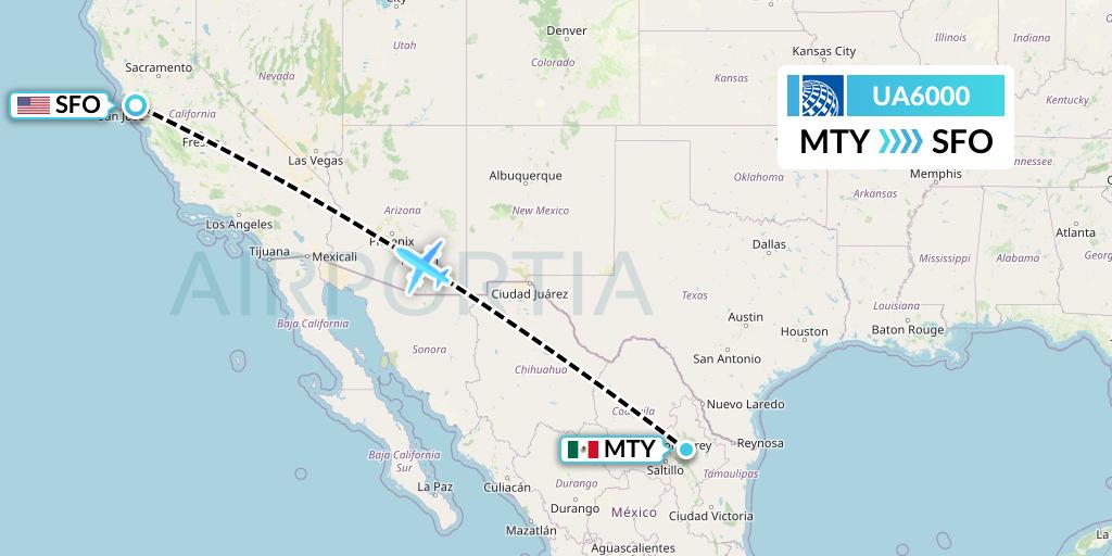 UA6000 United Airlines Flight Map: Monterrey to San Francisco