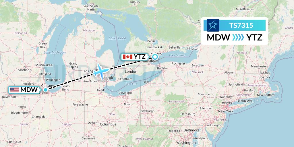TS7315 Air Transat Flight Map: Chicago to Toronto