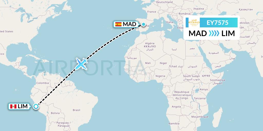 EY7575 Etihad Airways Flight Map: Madrid to Lima