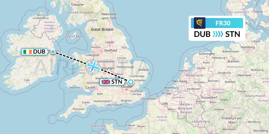 FR30 Ryanair Flight Map: Dublin to London