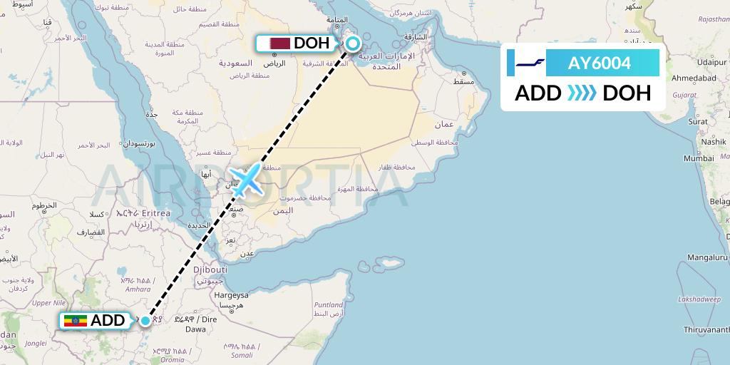 AY6004 Finnair Flight Map: Addis Ababa to Doha