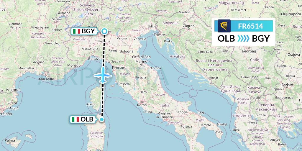 FR6514 Ryanair Flight Map: Olbia to Milan
