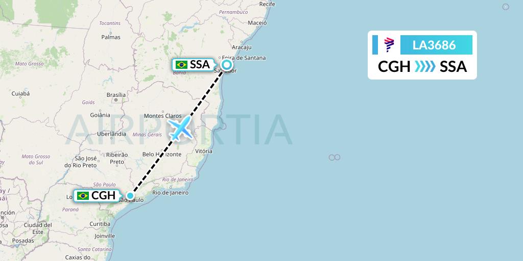 LA3686 LAN Airlines Flight Map: Sao Paulo to Salvador