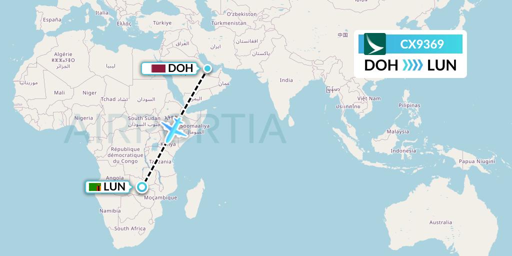CX9369 Cathay Pacific Flight Map: Doha to Lusaka