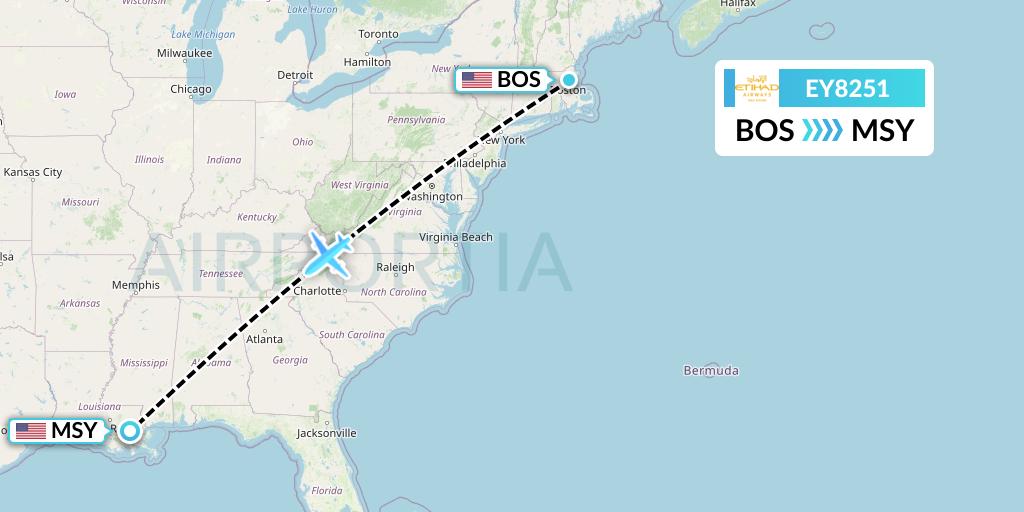 EY8251 Etihad Airways Flight Map: Boston to New Orleans
