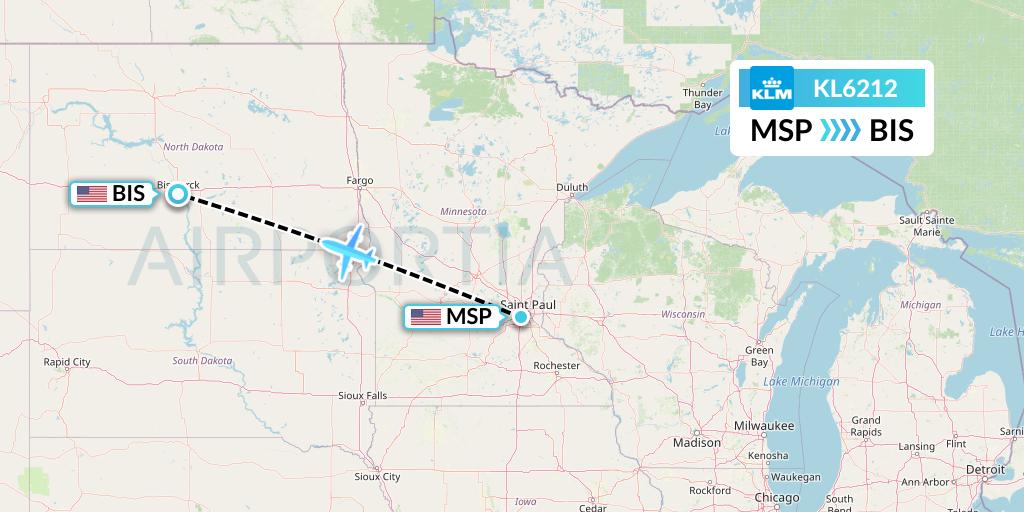 KL6212 KLM Flight Map: Minneapolis to Bismarck