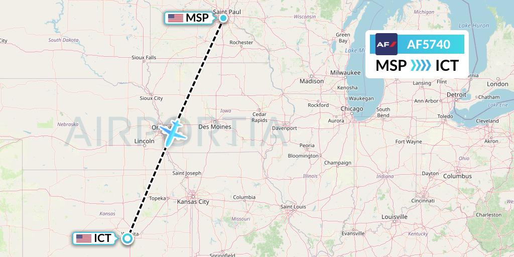 AF5740 Air France Flight Map: Minneapolis to Wichita