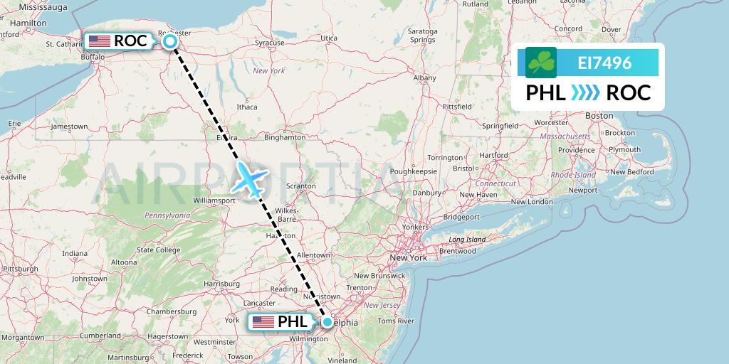 EI7496 Aer Lingus Flight Map: Philadelphia to Rochester