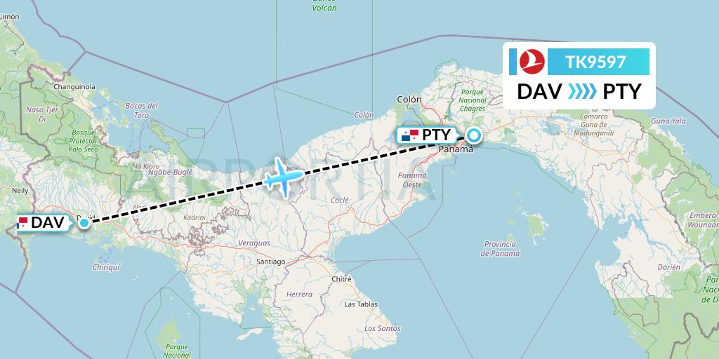 TK9597 Turkish Airlines Flight Map: David to Panama City