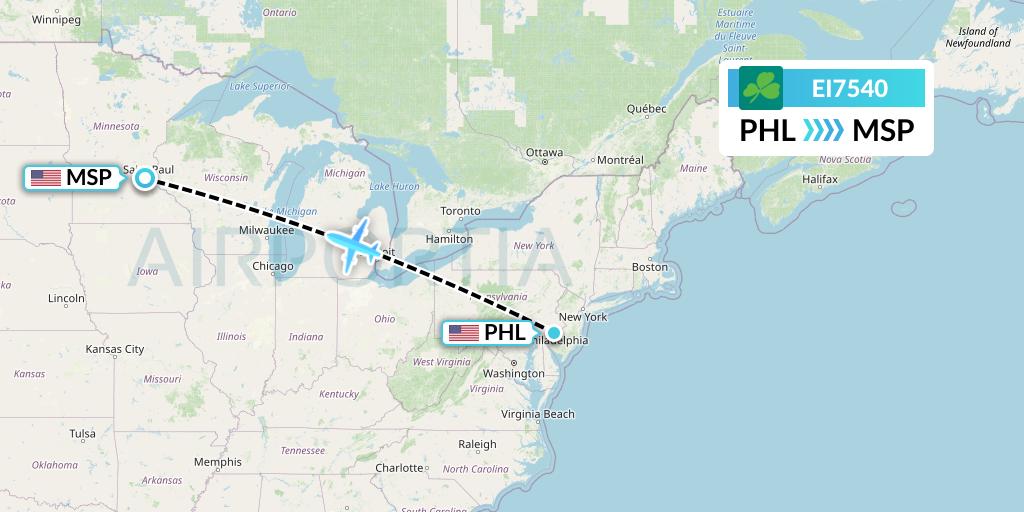 EI7540 Aer Lingus Flight Map: Philadelphia to Minneapolis