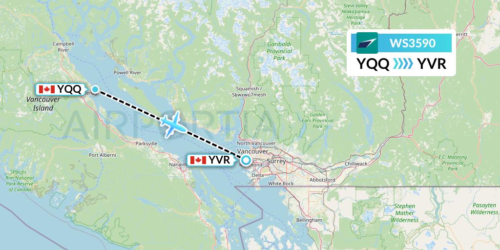 WS3590 WestJet Flight Map: Comox to Vancouver