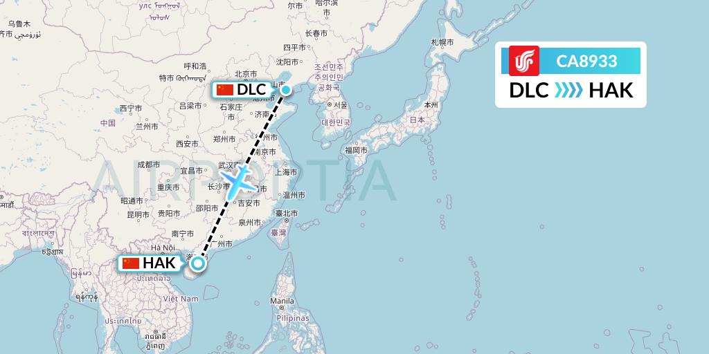 CA8933 Air China Flight Map: Dalian to Haikou