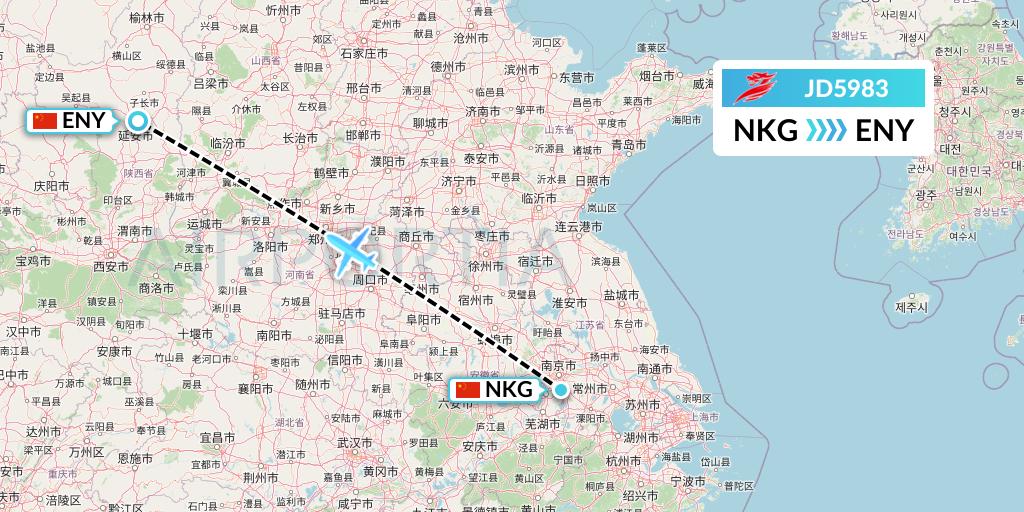 JD5983 Capital Airlines Flight Map: Nanjing to Yan'an