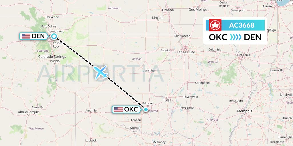 AC3668 Air Canada Flight Map: Oklahoma City to Denver