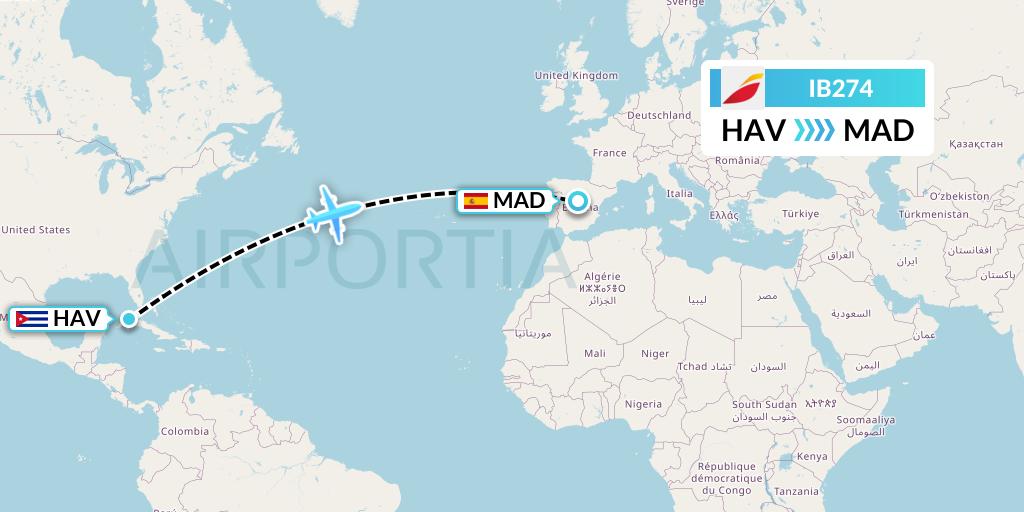 IB274 Iberia Flight Map: Havana to Madrid