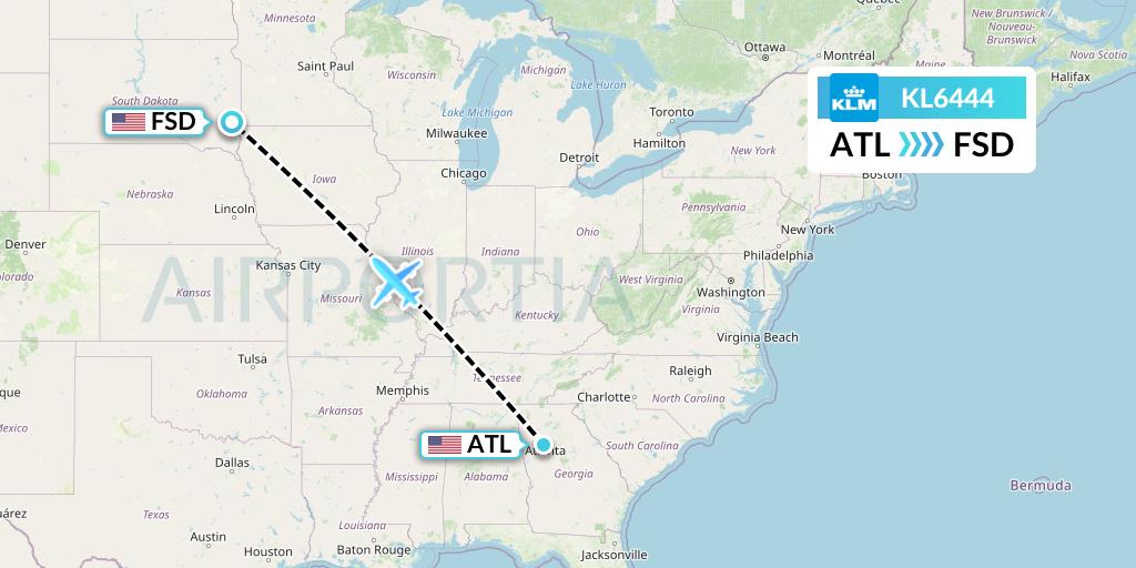 KL6444 KLM Flight Map: Atlanta to Sioux Falls