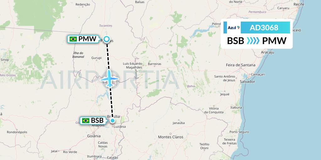 AD3068 Azul Brazilian Airlines Flight Map: Brasilia to Palmas