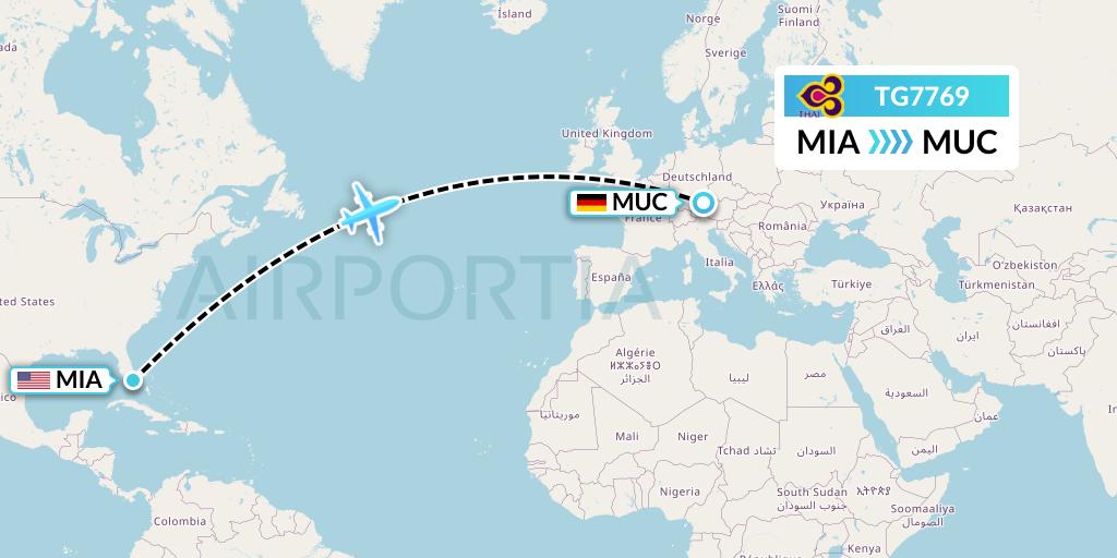 TG7769 Thai Airways Flight Map: Miami to Munich
