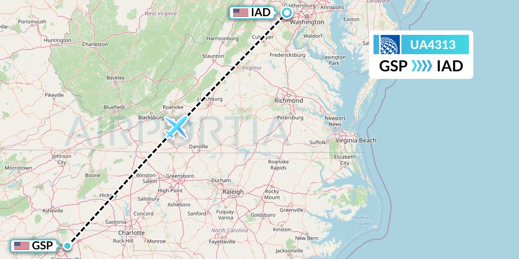 UA4313 United Airlines Flight Map: Greenville-Spartanburg to Washington