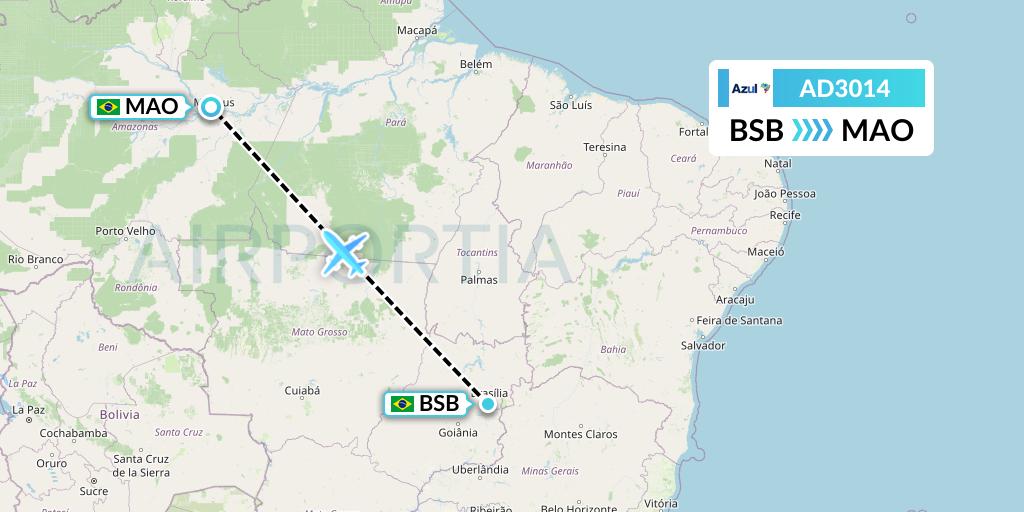 AD3014 Azul Brazilian Airlines Flight Map: Brasilia to Manaus