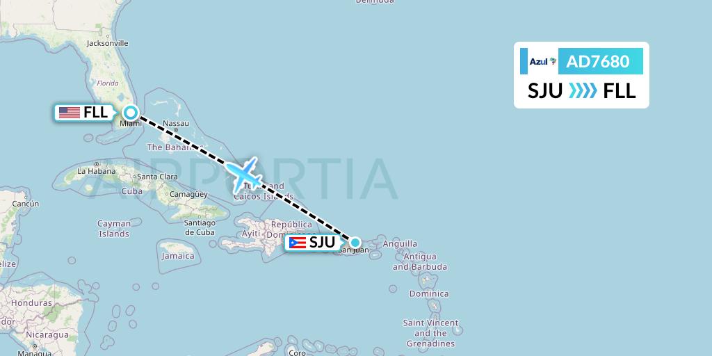 AD7680 Azul Brazilian Airlines Flight Map: San Juan to Fort Lauderdale