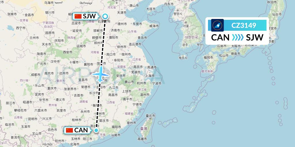 CZ3149 China Southern Airlines Flight Map: Guangzhou to Shijiazhuang