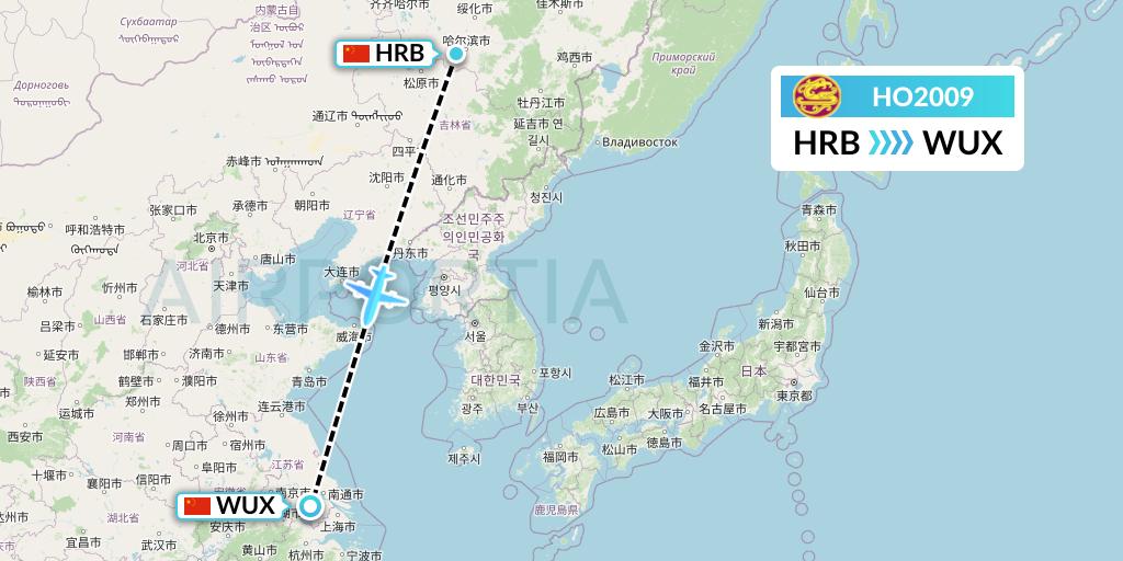 HO2009 Juneyao Airlines Flight Map: Harbin to Wuxi
