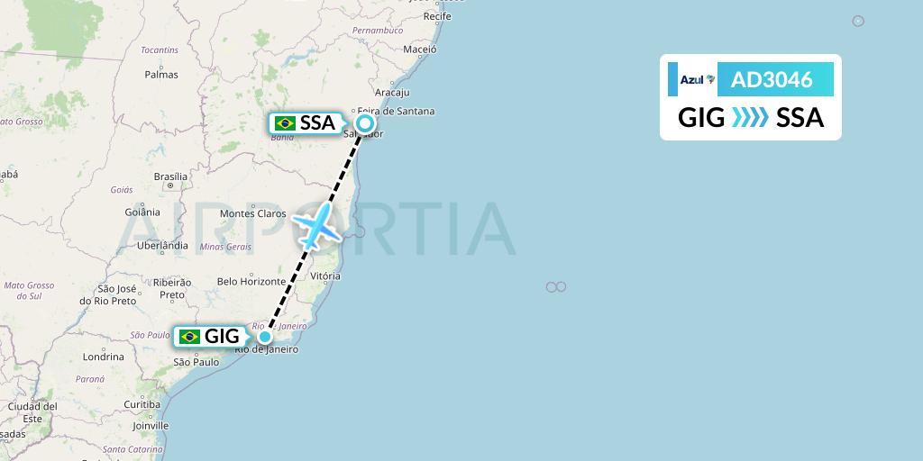 AD3046 Azul Brazilian Airlines Flight Map: Rio de Janeiro to Salvador