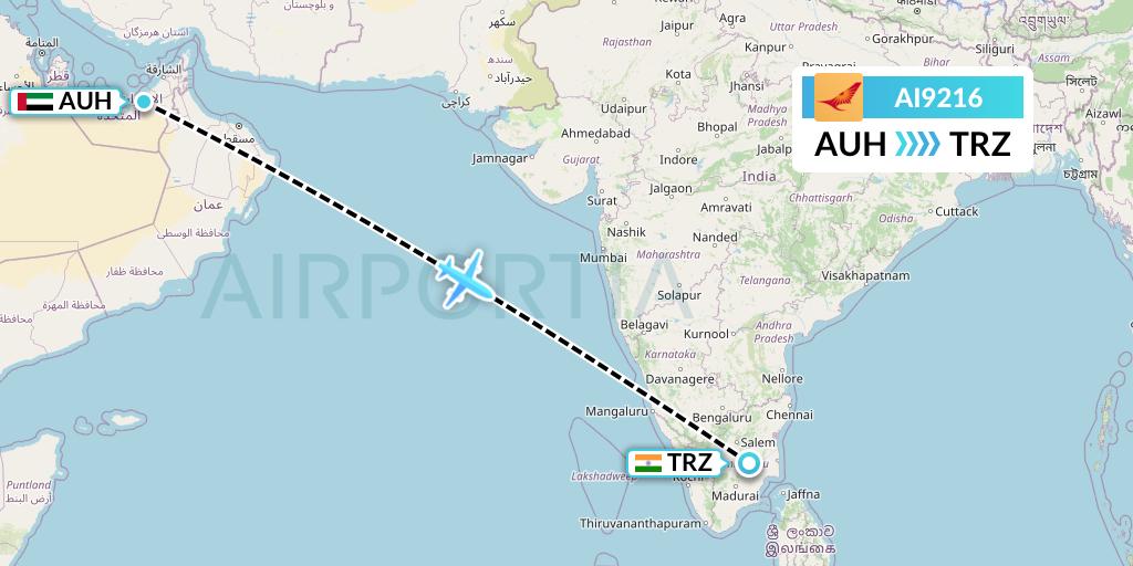 AI9216 Air India Flight Map: Abu Dhabi to Tiruchirapalli