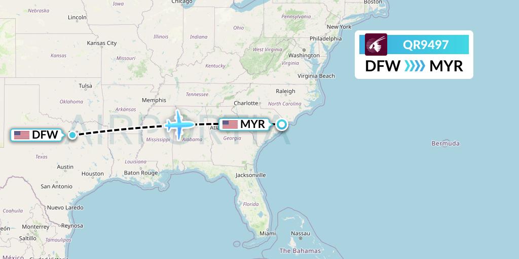 QR9497 Qatar Airways Flight Map: Dallas to Myrtle Beach