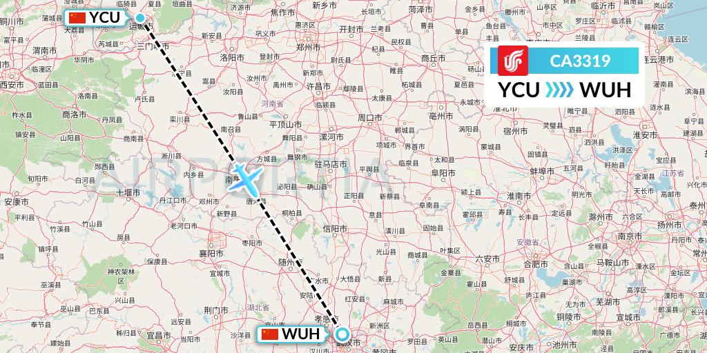 CA3319 Air China Flight Map: Yuncheng to Wuhan