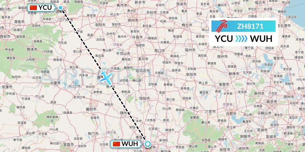 ZH8171 Shenzhen Airlines Flight Map: Yuncheng to Wuhan
