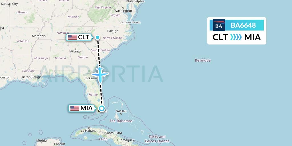 BA6648 British Airways Flight Map: Charlotte to Miami